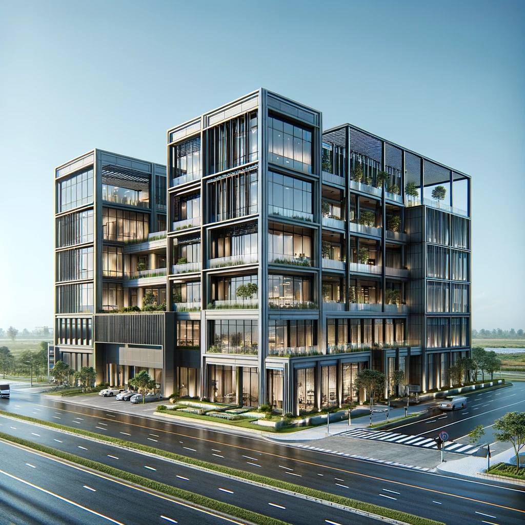 DALL·E 2023-11-19 16.42.06 - A modern commercial property designed for real estate clients, located on a national highway. The building is up to three stories tall, with a sleek a